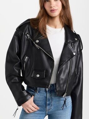 Good American Black Faux Leather Cropped Moto Jacket